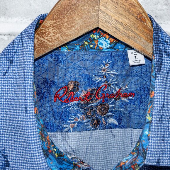 Robert Graham Men's Blue Floral embroidered Skull flip cuffs Button up Shirt L - Picture 2 of 9
